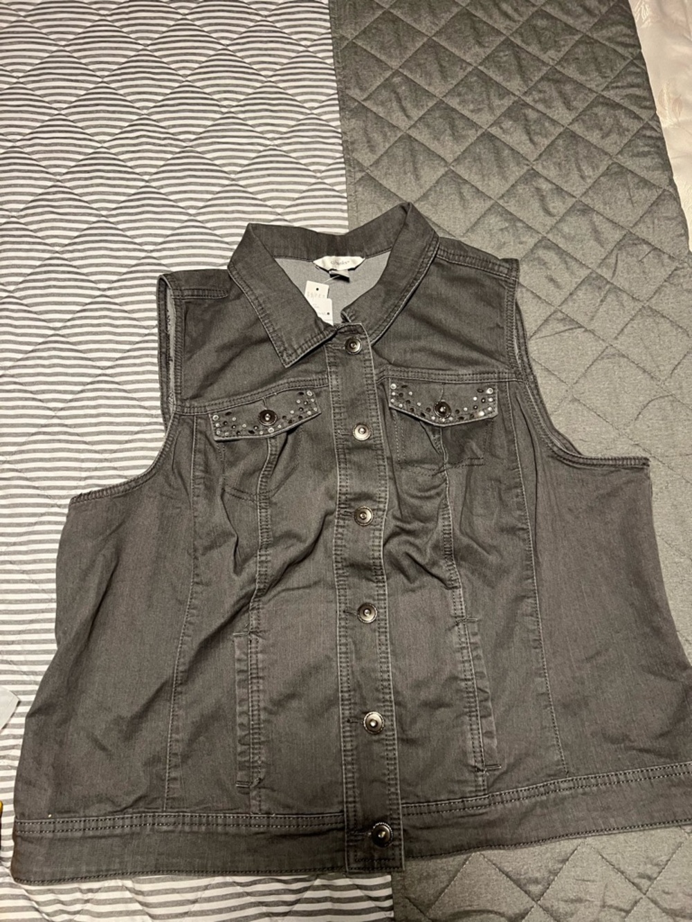 CJ Banks Charcoal Gray Denim Vest with Stud Accents